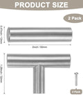 2-Pack Modern Stainless Steel T Bar Cabinet Knobs and Pulls, 2 Inch Single Hole Handles with dimensions and screws