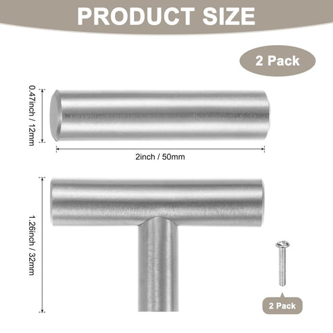 2-Pack Modern Stainless Steel T Bar Cabinet Knobs and Pulls, 2 Inch Single Hole Handles with dimensions and screws
