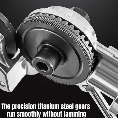 Close-up of High-Power Drill Nibbler titanium-plated head, showing precision gears for sheet metal cutting, includes adapter for iron