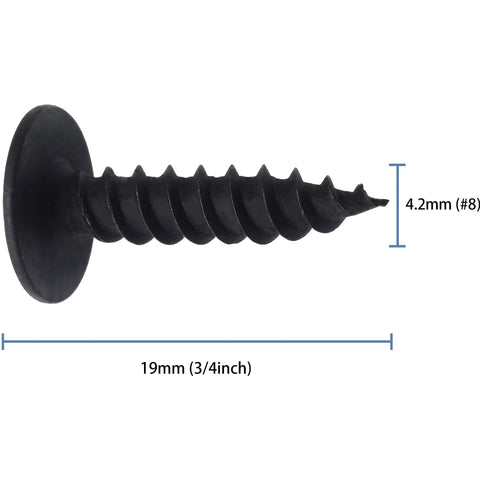 Side view of Size Eight Wood Screws Set, 140 Pieces, 3/4 Inch Modified Truss Head, Phillips Drive, Black Finish, Rust-Resistant Carbon Steel