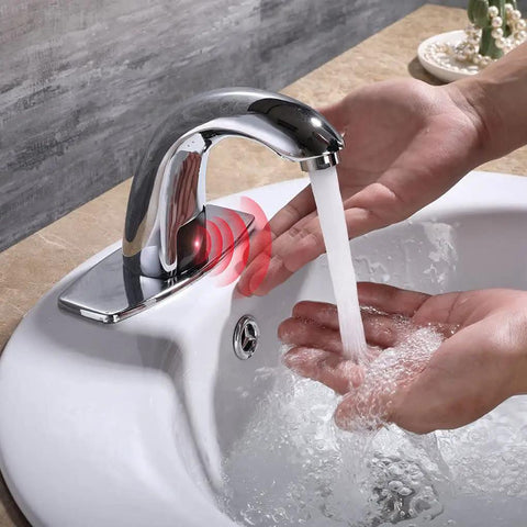 Hands Free Touchless Bathroom Sink Faucet with Motion Sensor Auto Water Flow Chrome Finish includes hole cover plate