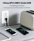 Solid Build 15 Amp GFCI Outlet With Usb Type C And A Charging Ports, 40 Pack Self Testing Breaker With Bright Led Status Light, Zero Sweat Electrical Rewire Kit With All Fasteners Included Now in kitchen with phones charging.