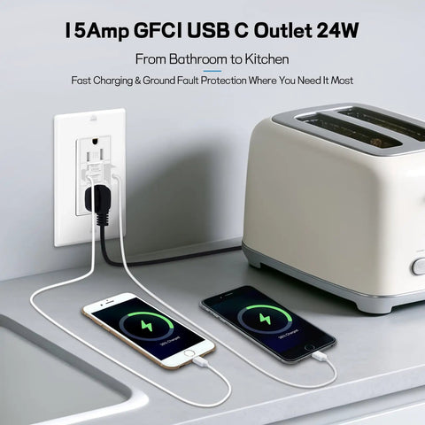 Top Notch Gfci Outlet Featuring Usb C And Type A Fast Charging Ports Self Testing Led Light Includes Flush Mount Wall Plate And All Hardware Plug And Play Setup Guarantees Safety Inside Any Room with two phones charging.