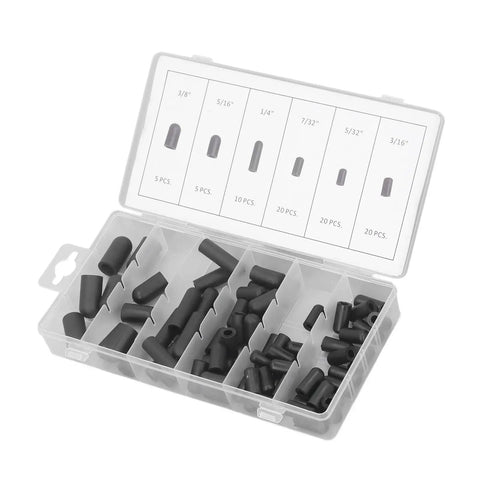 Pro Grade Rubber Vacuum Hat Plug Kit With 80 Caps, High Temperature Resistant And Leakage Proof, storage box open showing black rubber caps
