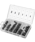 Open box of Rubber Vacuum Hat Plug Kit, 80-Piece Cap And Plug Assortment For Carburetor And Manifold, sizes 5/32in to 3/8in, leak-proof seal.