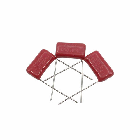 Metallized Polypropylene Film Capacitors Kit, 20 Pieces, CBB22 Style, 630V, 0.1uF 104J, P15 Case, High Reliability, Red Housing