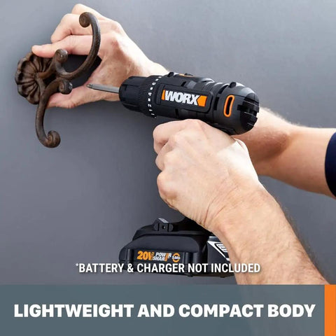 20V Drill Driver Built For Big Jobs With Three Eighths Inch Chuck, Beefy Speed And Torque, shown drilling into wall