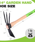 Hoe And Cultivator Garden Rake With 14 Inch Wooden Handle And Sharp Hoe Blade With A Sturdy Three Claw Tiller For Digging Loosening Soil Weeding And Cultivating A Heavy Duty Gardening Hand Tool, showing dimensions and weight.