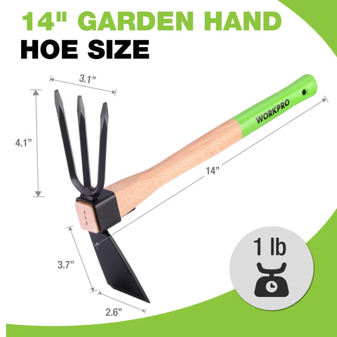 Hoe And Cultivator Garden Rake With 14 Inch Wooden Handle And Sharp Hoe Blade With A Sturdy Three Claw Tiller For Digging Loosening Soil Weeding And Cultivating A Heavy Duty Gardening Hand Tool, showing dimensions and weight.