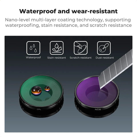 ND CPL Filter Kit for DJI Osmo Nano Vlog Ready Camera 4 Pack With ND8 ND16 ND32 And CPL Polarizer showing waterproof features