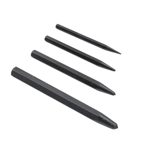 Center Punch Kit Four Piece Set For Metal Marking Built Tough From Hardened Steel With Heavy Duty Construction and Multiple Tip Sizes.