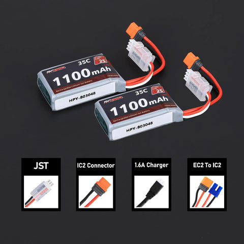 Beefy 2S 1100mAh LiPo Batteries With EC2 Female To IC2 Male Plug And 3S 7.4V 1.3A Charger For RC Upgrades Two Pack