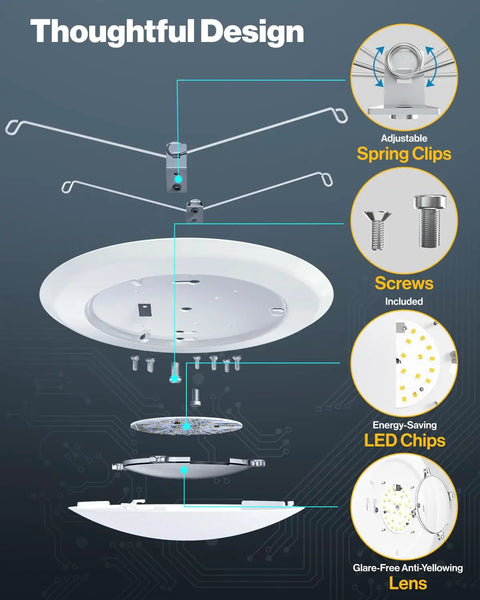 Exploded view of 16 Pack Ultra Thin 6 Inch LED Recessed Can Lights Dimmable 1050 Lumens with Selectable CCT components