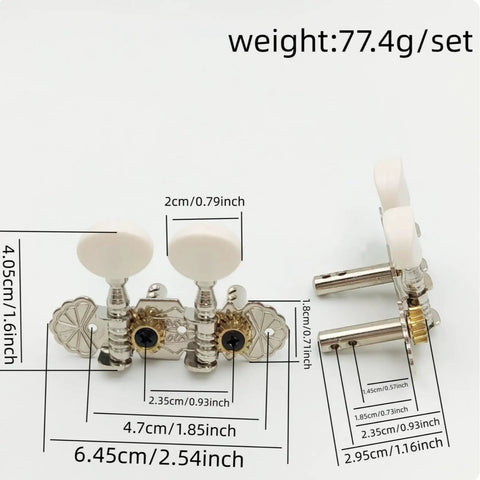 Upgrade Your Ukulele Game With These Smooth Black Machine Head Tuner Pegs Featuring Decorative Plates And Gear Action For Easy Installation And Perfect Sound Quality Every Time, showing measurements and details.