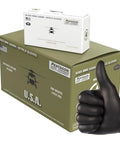 Thumbs up sign with Industrial Black Nitrile Gloves Heavy Duty Disposable With Full Palm Texture For Tough As Nails Grip Sizes M To 2XL FDA Compliant For Direct Food Contact Great For Industrial Environments And Food Handling in front of boxes.