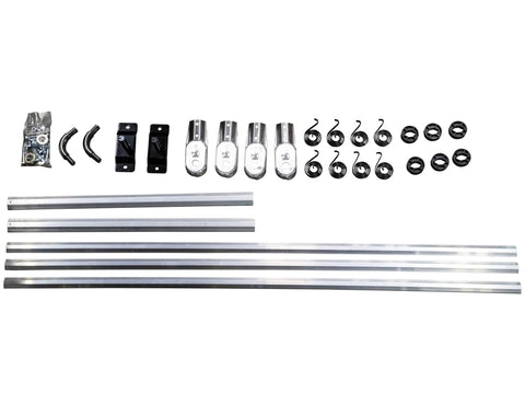 Aluminum Tarp Arm Kit for Dump Trucks with Telescoping Arms and 8 Spring Torsion Pivot System parts layout on white background