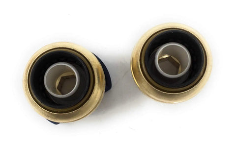 Top view of brass fittings from Washing Machine Valve With Water Hammer Arrestor And Push Fit Three Quarter Inch MHT No Fuss Easy Install Kit