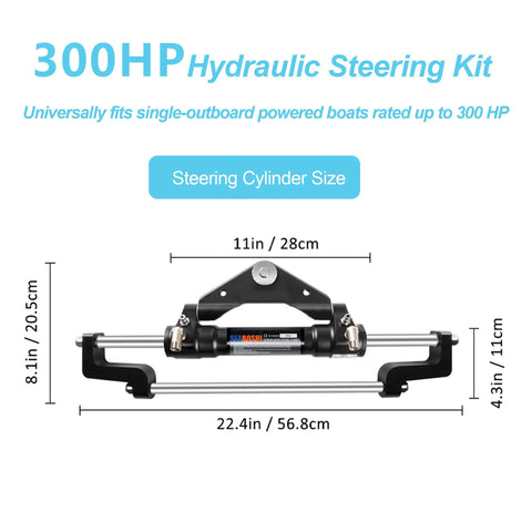 Beefed Up 300 HP Front Mounted Steering Cylinder For Outboard Boat Steering System, dimensions and specifications shown.