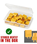 XT60 Connector Plug Set With 5 Pairs Male And Female High Temp Nylon Bodies And Gold Plated Contacts in storage box.