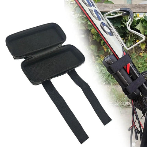 Heavy Duty E Bike Controller Bag Waterproof EVA Hard Case For Electric Motorcycle Gear, Keeps Battery And Electronics Safe From Rain Dust And Gunk. black zip case with strap mounted on bike frame, 17.5 x 8 x 5.5 cm
