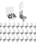 Fifty Piece Bad Boy Metal Shelf Support Pegs And Slick L Shaped Cabinet Clips With Silicone Sleeve For Straight Forward Wood Shelving And Kitchen Furniture Build, showing metal pegs and clips in a storage box.