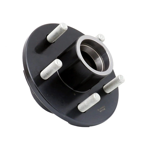 Trailer Hub Spindle Kit Five Bolt On Four And A Half Inch Bolt Circle For Three Thousand Five Hundred Pound Axles With One And Three Eighths To One And Sixteenth Inch Tapered Spindles Set Of Two, angled view