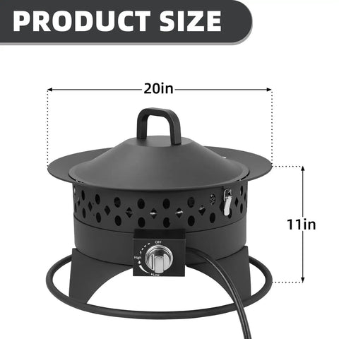 20 Inch Outdoor Fire Pit With Grill, Smokeless Propane Burner Delivers 60000 BTU Heat, Adjustable Flame shown with dimensions