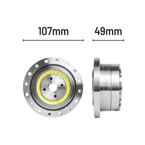 CS-25-II Harmonic Drive Strain Wave Gear Reducer For Automation Stepper Motor, front and side view, 107mm diameter, 49mm width