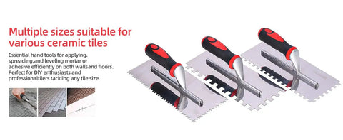 Heavy Duty Square Notched Trowel Set 3 Piece Kit For Tile Adhesive And Mortar Spreading On Walls And Floors Notch Sizes 5/32 5/16 And 1/2 Inch Stainless Steel With Reinforced Aluminum Shank For Professional Masonry Tiling displayed against a white background
