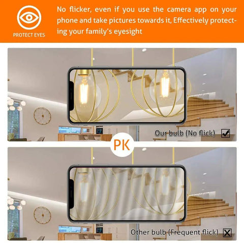 Comparison of dimmable G25 LED globe bulbs with no flicker vs frequent flicker display in modern home lighting setup.