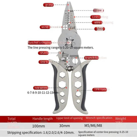 Professional Grade Electrical Wire Stripper And Crimping Pliers Combo Tool with ratcheting mechanism and TPR rubber grip.