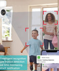 1080P Indoor Security Cam With 360 Degree PTZ, capturing motion detection, family entering home, with phone notification display.