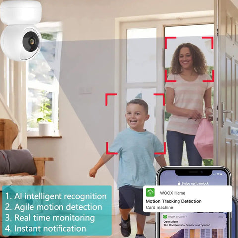 1080P Indoor Security Cam With 360 Degree PTZ, capturing motion detection, family entering home, with phone notification display.