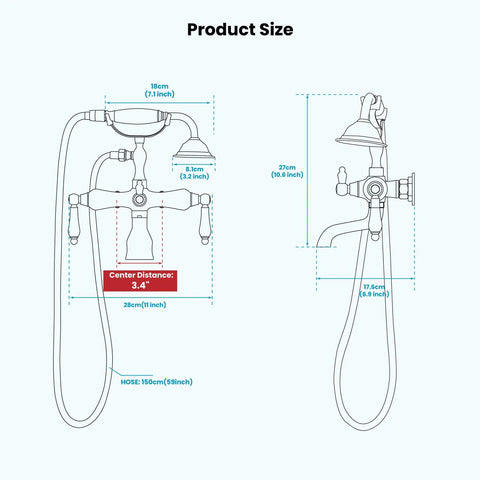 Vintage Style Dope Bathtub Filler Wall Mount Clawfoot Faucet With Handheld Shower Kit dimensions diagram