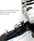 Heavy Duty Belt Sander Adapter For Angle Grinder Tough As Nails Stainless Steel close-up of mounting mechanism and bolts.