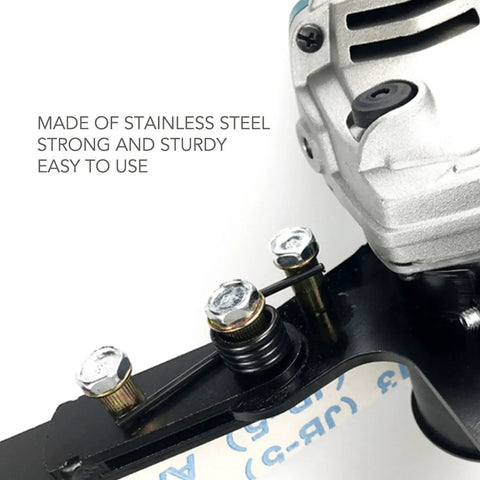Heavy Duty Belt Sander Adapter For Angle Grinder Tough As Nails Stainless Steel close-up of mounting mechanism and bolts.