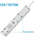 Heavy Duty Surge Protector Power Strip With 6 Outlet Slots And 6 Feet Extension Cord Delivering 600 Joules Protection built with mounting holes for installation.