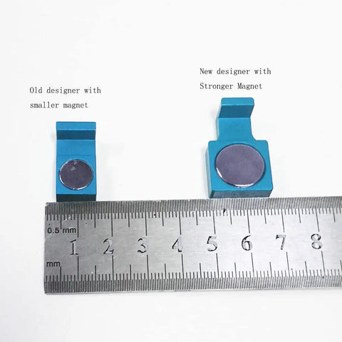 Comparison of old and new Four Pack Upgraded Beefy Magnetic Parallel Keepers with ruler for size reference.