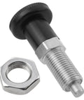 Premium Stainless Steel Spring Reset Indexing Plunger M10 With Easy Push In Self Locking Plug, 17mm shaft with a black grip and nut.