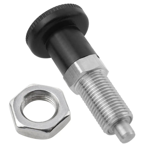 Premium Stainless Steel Spring Reset Indexing Plunger M10 With Easy Push In Self Locking Plug, 17mm shaft with a black grip and nut.