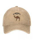 Distressed beige cap front view, camel design; doesn't match "Unisex Distressed Washed Trucker Hat Light Gray Adjustable One Size Sun Protective Outdoor Cap For Running Golf Hiking All Season Weatherproof Casual Everyday Adventure".