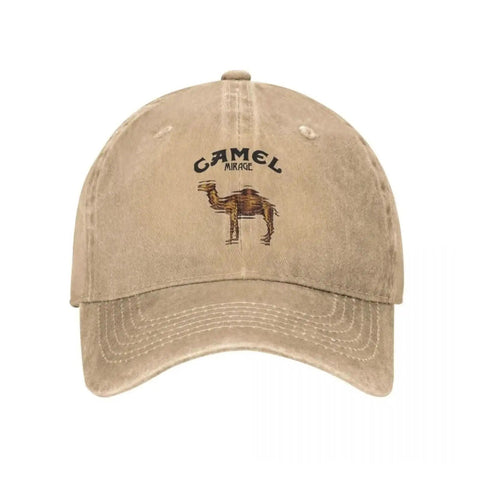 Distressed beige cap front view, camel design; doesn't match "Unisex Distressed Washed Trucker Hat Light Gray Adjustable One Size Sun Protective Outdoor Cap For Running Golf Hiking All Season Weatherproof Casual Everyday Adventure".