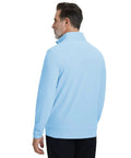 Back view of Men's Quarter Zip Golf Pullover With Moisture Wicking Tech, Lightweight Four Way Stretch Midlayer, Light Blue.