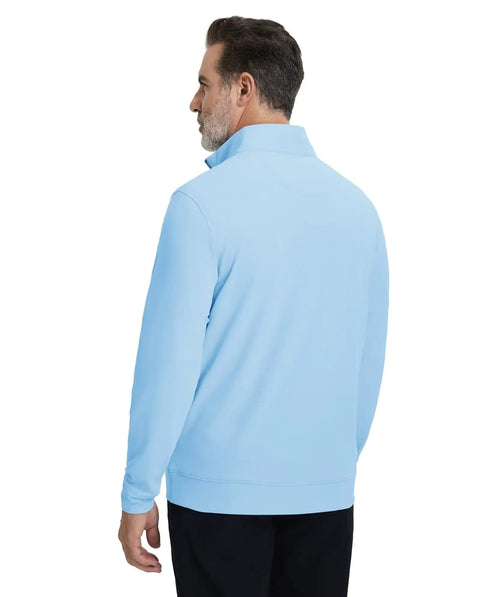 Back view of Men's Quarter Zip Golf Pullover With Moisture Wicking Tech, Lightweight Four Way Stretch Midlayer, Light Blue.