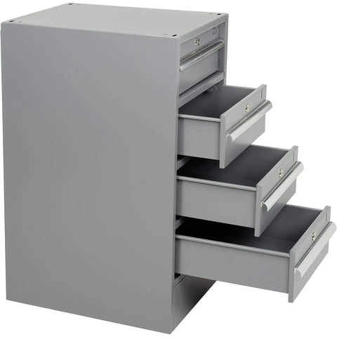 Hella Durable All Steel Pedestal Workbench 72X30 With Four Smooth Sliding Locking Drawers showing gray drawers for organized storage.