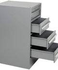 Shop Grade Steel Pedestal Workbench Sixty by Thirty Inches With Four Secure Locking Drawers And ESD Safety Edge Top, details of gray locked drawers.