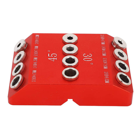 Pocket Hole Jig For Woodworking With 30, 45 And 90 Degree Holes, Aluminum Alloy Build With Steel Drill Sleeves, red jig front view