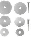 1/8 And 1/4 Inch Hex Round Shank Rotary Drill Saw Set With 6 HSS Cutting Blades For Wood Plastic Aluminum Brass Copper, Perfect For DIY Projects And Home Tool Kit, Fits Most Rotary Tools. six HSS saw blades and mandrels with screwdriver