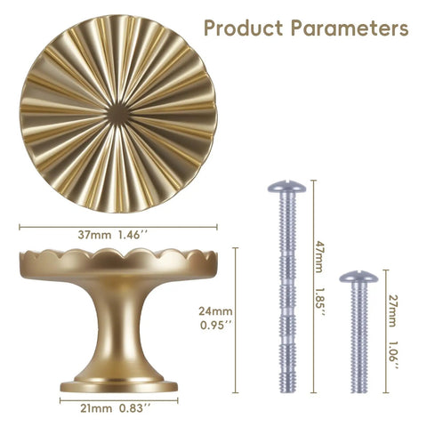 Dimensions and design of 2 Pack Brushed Gold Kitchen Cabinet Knobs For Dresser Drawers And Cupboards, 1.46 Inch Round Vintage Sunflower Zinc Alloy Pulls.