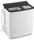 Compact Twin Tub Portable Washing Machine Featuring High Speed Drain Pump Quick Spin Dryer Combo in gray with dual wash tubs.